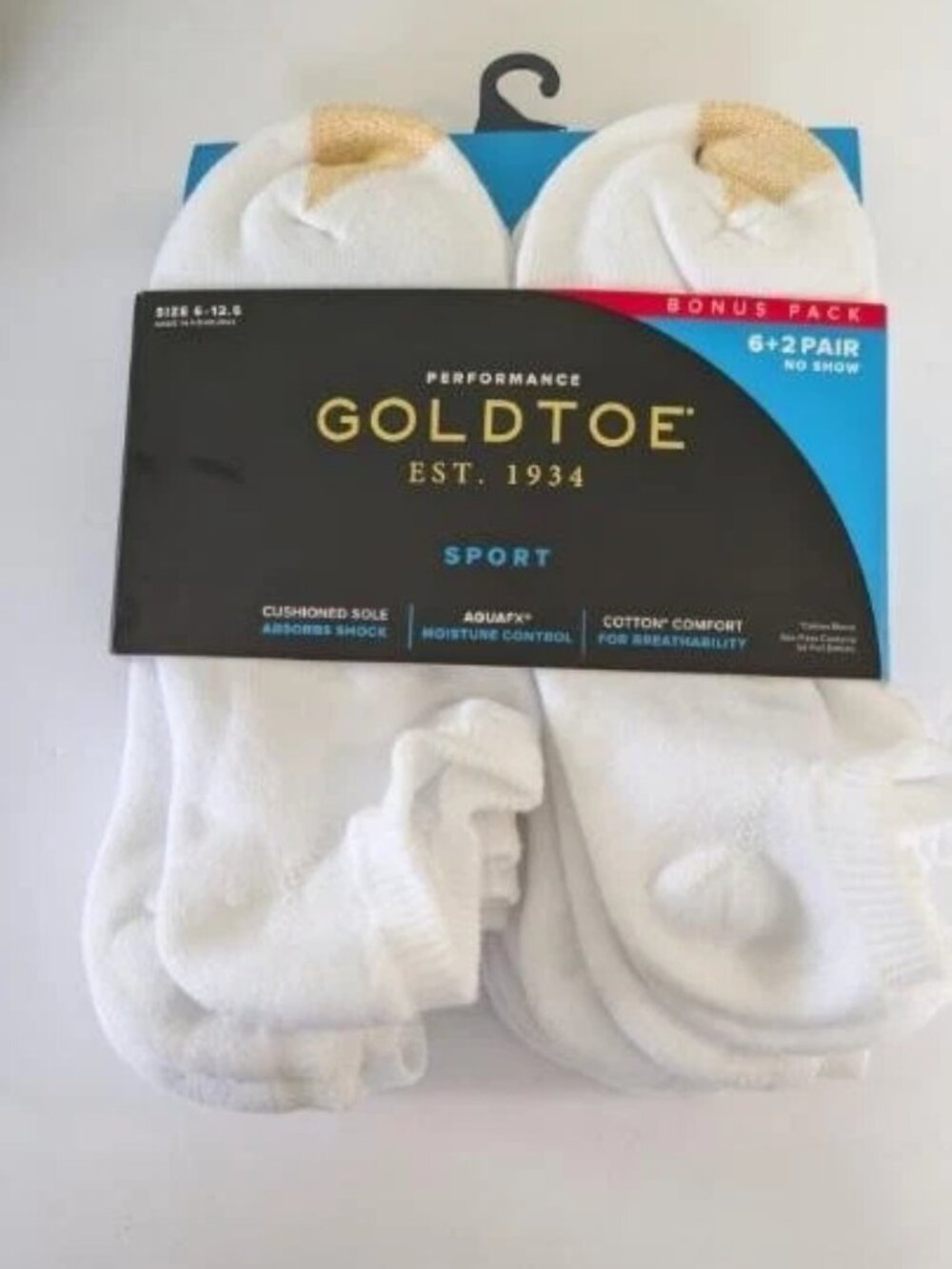 GoldToe Sport AQUAFX No Show Socks Bonus 6+2 8-Pack, White - Sealed